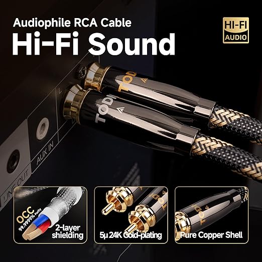 TODN Audiophile RCA Cables with OCC-Core and Dual Shielding Male to Male RCA Stereo Cable Car Audio for Turntables/CD/DVD Players (4.9ft/1.5m, 1 Pair)