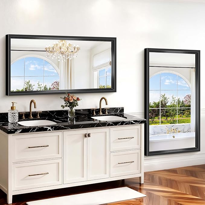 Black Rectangle Mirror, 55 x 30 Inch Bathroom Mirrors for Over Sink, 0.6" Thickened Deep Frame Brushed Black Mirrors for Wall, Shatterproof Tempered Glass, Antirust, Horizontally or Vertically