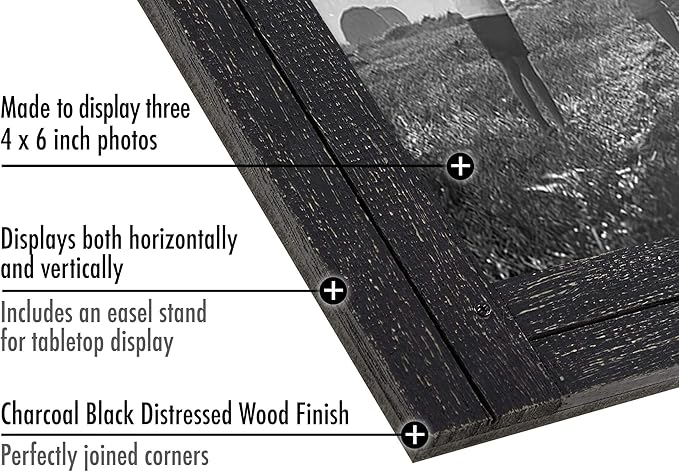 Americanflat Hinged 4x6 Triple Picture Frame with 3 Photo Openings and Polished Glass - Distressed Wood Collage Picture Frames for Tabletop and Wall Display - Hampton Collection - Charcoal Black