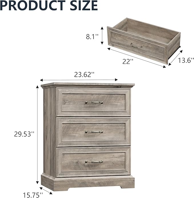 Nightstand Set of 2,24" Wide End Table with 3 Large Drawers & Metal Handles,Rustic Farmhouse Wood Small Dresser,Bedside Table,Modern Chest of Drawers for Bedroom,Living Room,Grey