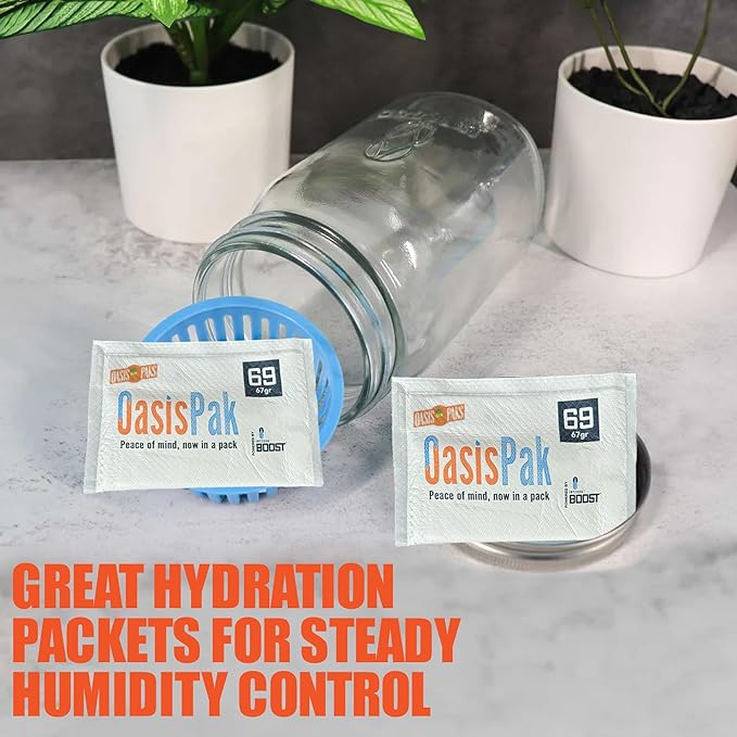 OasisPak 69% RH Two-Way Humidity Control Packs (12 Pack) - 67 Gram Packs | Maintain Humidty, Freshness, Flavors & Aromas | Salt-Free, Leak-Proof Moisture Absorbers for Storage Cases & Containers