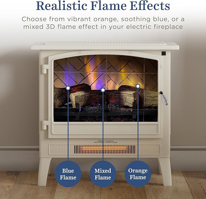 Country Living Infrared Freestanding Electric Fireplace Stove Heater in Cream | Multiple Flame Colors, Metal Design with Faux Wooden Logs | Alexa/WiFi Enabled - Remote Included