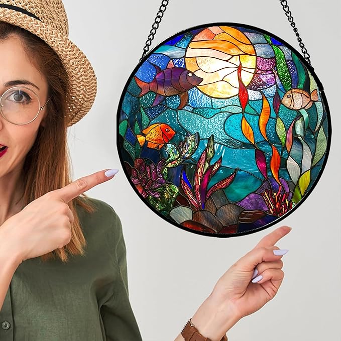AMDERVEN Stained Glass Window Hanging - Blue Ocean World Small Fish Coral Sun Catcher for Door Garden Home Decor Sea Suncatcher Christmas Mother's Day Birthday Gifts for Women Men Mom Nana 11.8 in