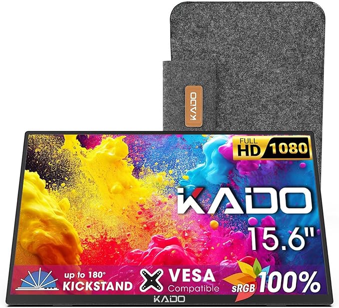Kado Portable Monitor 15.6'' 1080p, 100% sRGB USB-C HDMI Gaming Monitor Ultra-Slim Display Built-in Speakers, External Monitor 180° Kickstand Wall/Arm Mount for Laptop PC Phone Mac Xbox PS4/PS5 Switch