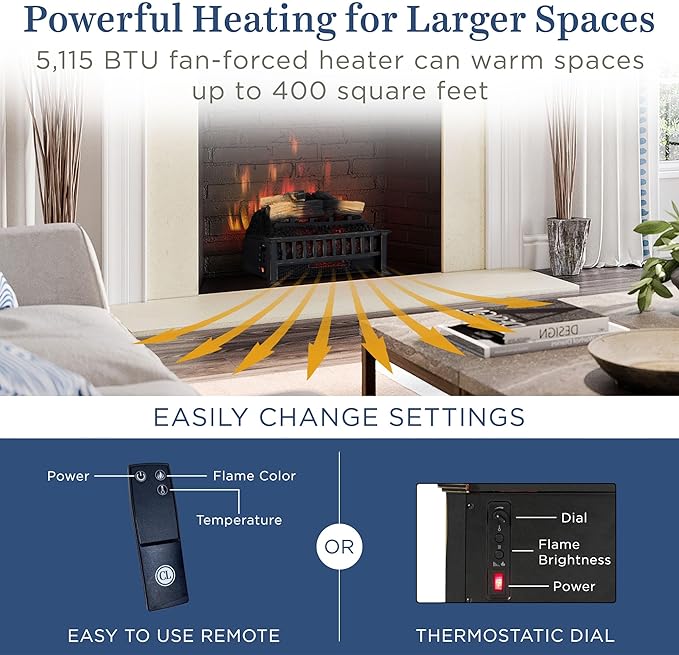 Country Living Electric Fireplace Logs, 20” LED Electric Fireplace Inserts with Infrared Heater, Electric Heater Heats up to 400 Sq. Ft., Remote Controlled Infrared Heaters for Indoor Use, Log Set
