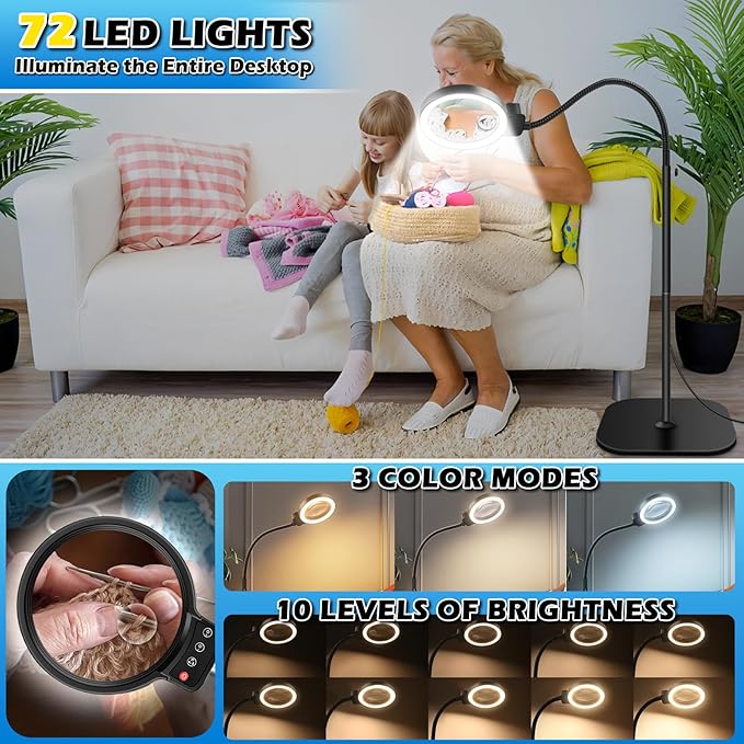 30X 10X Large Floor Magnifying Glass with Light and Stand,72 LED Flexible Gooseneck Floor Magnifying Lamp,2 in 1 Lighted Magnifiers for Close Work, Sewing,Crafts,Hobbies（Black）