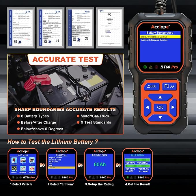 BT60 Pro Acclope Car Battery Tester with Cloud Printing 100-3000 CCA 6V 12V 24V AGM Lithium Gel Battery Checker Automotive Alternator Digital Analyzer Charging Cranking System Vehicles Truck Home-use