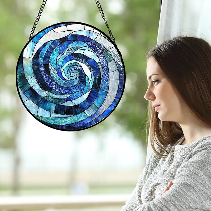 CRISGIF Stained Glass Window Hanging - Blue Abstract Swirl Suncatcher for Doors Garden Patio Unique Sun Catchers Decor Christmas Mother's Day Birthday Gifts for Women Men Mom Nana Friend 11.8 in