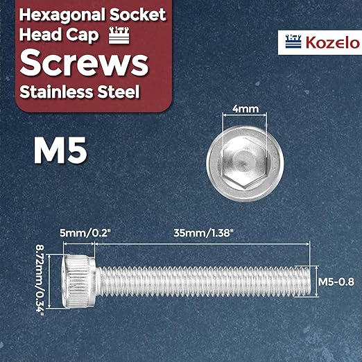 Kozelo 25pcs Socket Head Cap Screws - [M5-0.8 x 35mm] 304 Stainless Steel Allen Socket Drive for Electrical Motor 3D Printing Fan Engine Replacement Use, Silver