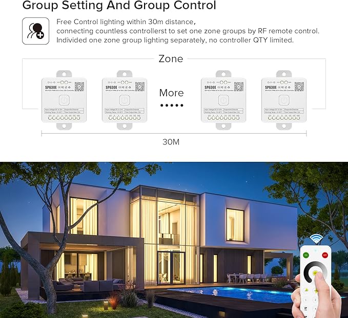 BTF-LIGHTING SP630E Bluetooth Controllers 4 Zones 2.4GHz Dimming RF RB1 Remote Kit Support FCOB COB SMD PWM or SPI Single Color LED Strip WS2811 IC etc DC5V DC12V DC24V