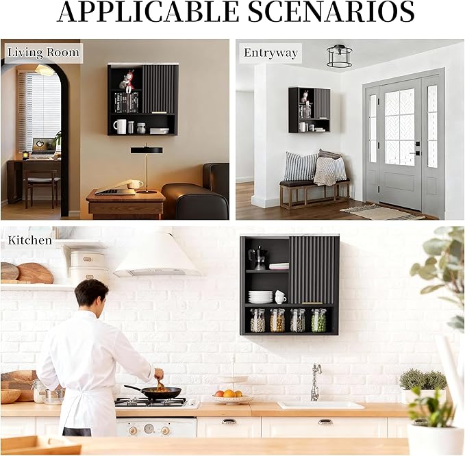 Bathroom Wall Cabinet, Fluted Medicine Cabinet with Adjustable Shelves, Wood Over The Toilet Storage Cabinet for Kitchen, Living Room, Laundry Room, Black
