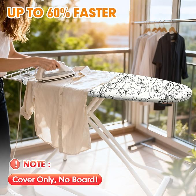 Ironing Board Cover and Pad, 15x54 Standard Size Thick Iron Padding, Scorch & Stain Resistant Ironing board cover, Heavy Duty Iron Board Padded with Adjustable Fasteners Elastic Edge, Floral White