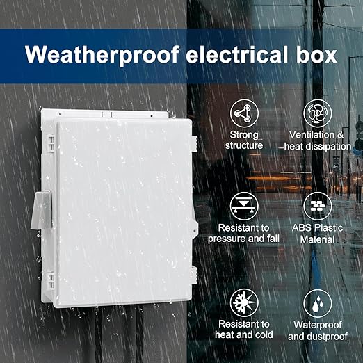 Namunanee Outdoor Electrical Box with Thermostat and Fan, ABS Water Resistant Enclosure with Internal Mounting Panel & Hinged Cover, 18.1" H* 12.6" L* 6.3" W, Plug & Play.