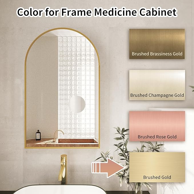 Gold Arched Medicine Cabinet with Mirror,20x32 Wall Mount Medicine Cabinet with Adjustable Glass Shelves,Surface Mount Only,No Recessed,Brushed Gold Medicine Cabinet with Mirror