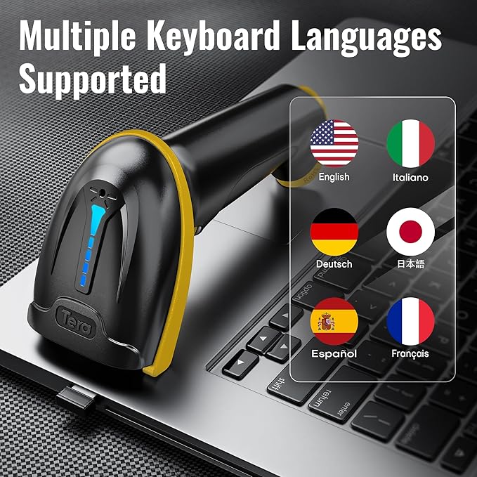 Tera Barcode Scanner Wireless Versatile 2-in-1 (2.4Ghz Wireless+USB 2.0 Wired) with Battery Level Indicator, 328 Feet Transmission Distance Rechargeable 1D Laser Bar Code Reader Handheld 5100 Yellow