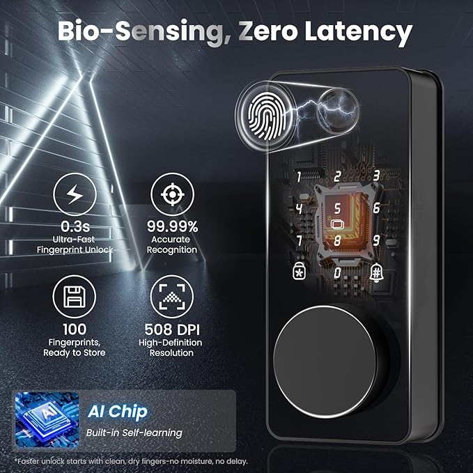 Keyless Entry Door Lock, Fingerprint Door Lock, Smart Door Lock with Keypad, Auto & One Touch Lock | Smart Locks for Front Door | Easy Installation | IP54 Waterproof | App Control | 12-Month Battery