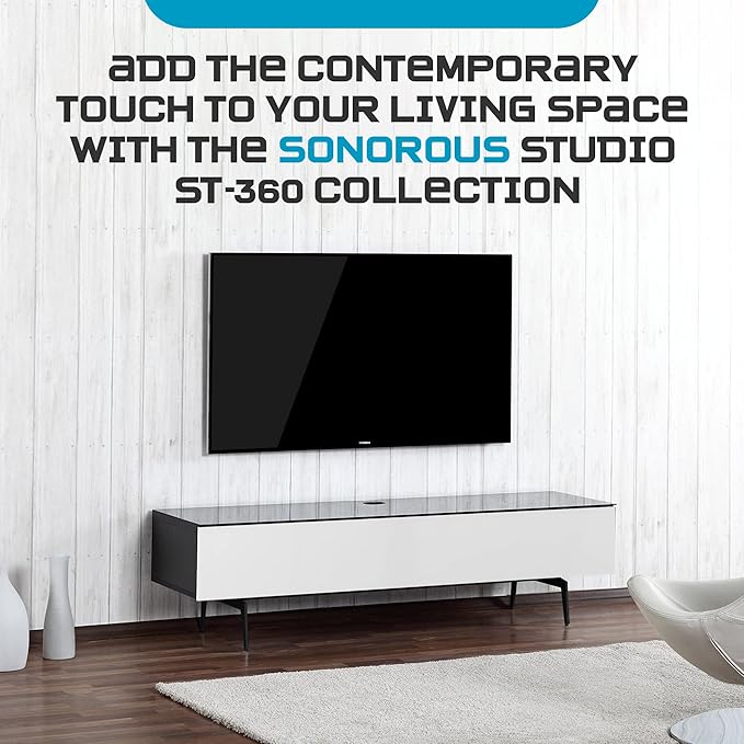 SONOROUS ST-360 Premium TV Stand for Living Room – Modern TV Stands & Entertainment Center with Storage – Black Glass & White Wood Cover – Luxury Media Console with Metal Legs for TVs up to 75 inches
