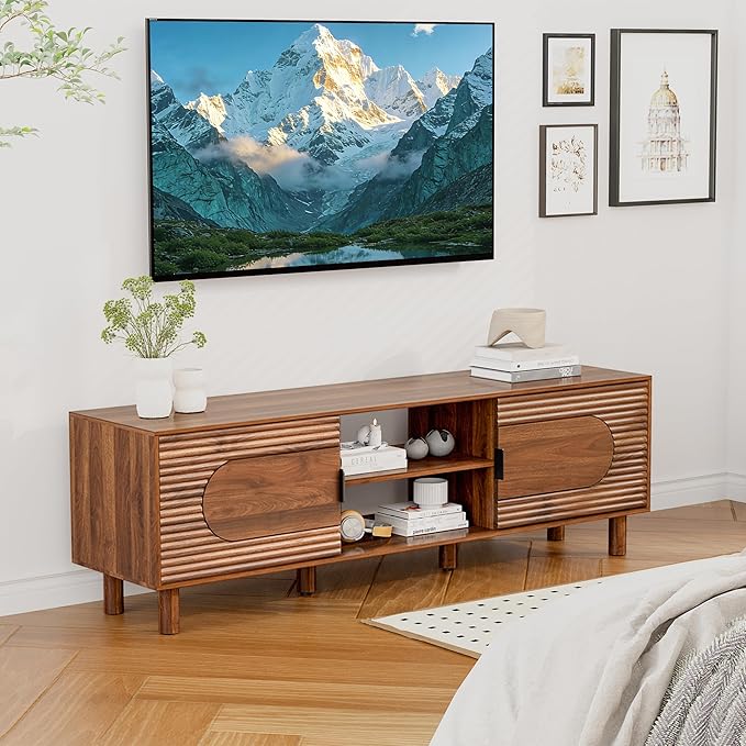 Bifins 63inch Wood TV Stand for Televisions up to 70 Inches,Mid Century Modern Entertainment Center TV Console Table with Storage and Shelf for Living Room Bedroom (Walnut)