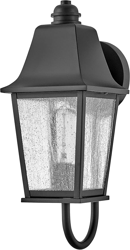 Hinkley Kingston Single Light Wall Mount Outdoor Lantern - Oversized Sweeping Roof & Bottom Arm, Aluminum, Clear Seedy Glass - Black Finish