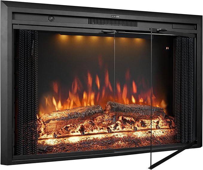 43 Inches Electric Fireplace Insert, 750W/1500W Fireplace Heater with Adjustable Flame and Top Light Colors, Fire Crackling Sound, Remote Control, Timer, Glass Door & Mesh Screen, Black