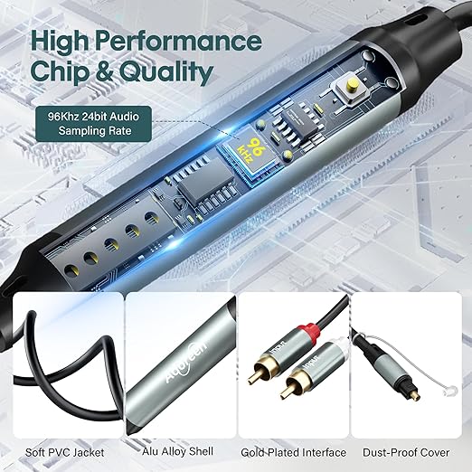 Adoreen Unidirectional 2 RCA Input to SPDIF/Toslink Output Optical Adapter Cable 6 Ft, Analog to Digital Audio Converter, 48Khz/96Khz for Turntable CD DVD to Soundbar TV Home Theater System