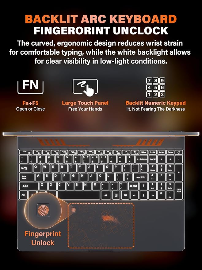 Rumtuk 16" Gaming Laptop Computer - Alder Lake N95 Processor (3.4GHz), FHD 1920 * 1200 IPS, 16G RAM, Fingerprint, Backlit Keyboard, 180° Hinge, Lightweight for Business & Student (512GB)