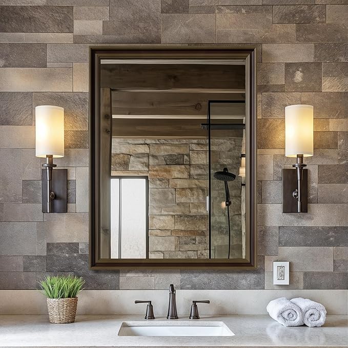 Retro Copper Effect Framed Wall Mirror, 24x32 Rectangle Mirror, Anti-desilvering Tempered Glass, Sustainable&Sturdy Frame, Anti-Rust, HD Reflection &3min Fast Setup for Bathroom Living Room