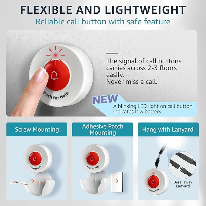 SYNLETT Call Button for Elderly and Caregiver Pager Portable SOS Alert System Alarm for Nurse Call Seniors Patients Emergency Home