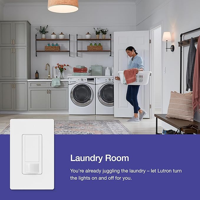 Lutron Maestro Motion Sensor Light Switch Indoor for Bathroom, Garage, Laundry Room, Any Bulbs, Occupancy Vacancy Sensor, Single-Pole, MS-OPS2-WH, White