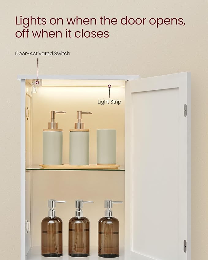 VASAGLE Tall Bathroom Cabinet with Lights, Slim Freestanding Bathroom Storage Cabinet with Adjustable Shelves, for Small Spaces, Modern, 15.7 Inches Wide, Cloud White UBBC766W02