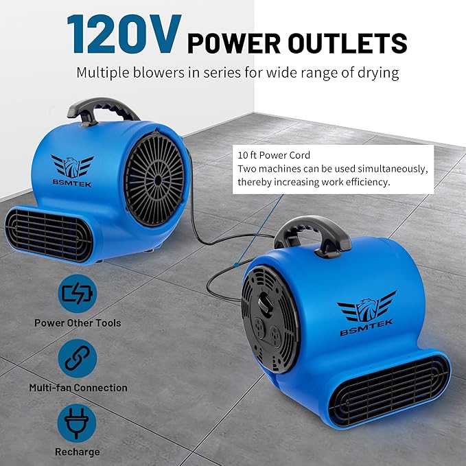 BSMTEK Air Mover Blower Fan, Industrial 1/3HP 1200CFM Monster Floor Blower Carpet Dryers - 3 Speeds Switch, 4 Adjustable Angles, 10FT Long Cord, Stackable - 2026 Upgraded