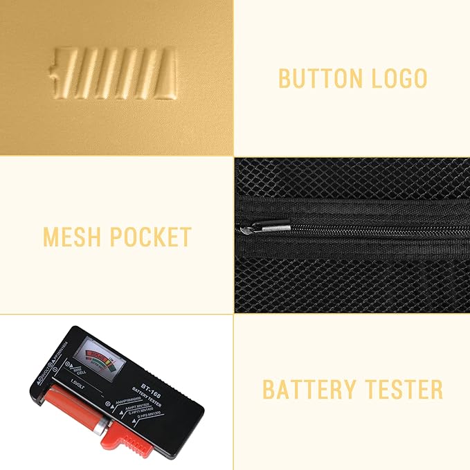 stukcaze Battery Organizer Storage Case with Tester for AA AAA Button Battery Holder Carrying 3 Batteries Variety Pack 88 Batteries Zipper Mesh Bag (Batteries Not Included) (gold)