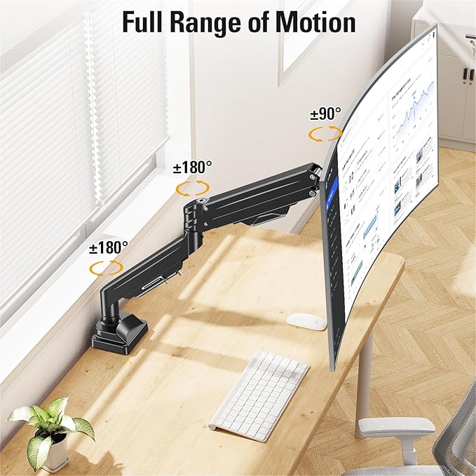DreamAxis Heavy Duty Single Monitor Arm for 13-42" Ultrawide Screen, Adjustable Monitor Mount with Tilt Rotation Swivel, Gas Spring Desk Mount Bracket with Clamp/Grommet, Holds 33lbs, Max VESA 100x100