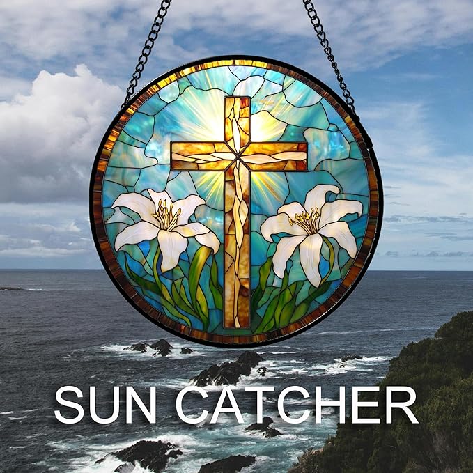 DASTOLL Christian Gifts for Women - Cross Stained Glass Window Hanging Jesus Easter White Lily Flower Sun Catcher Garden Religion Decor Mother's Day Catholic Gift for Men Grandma Mom Her Nana 6.3"