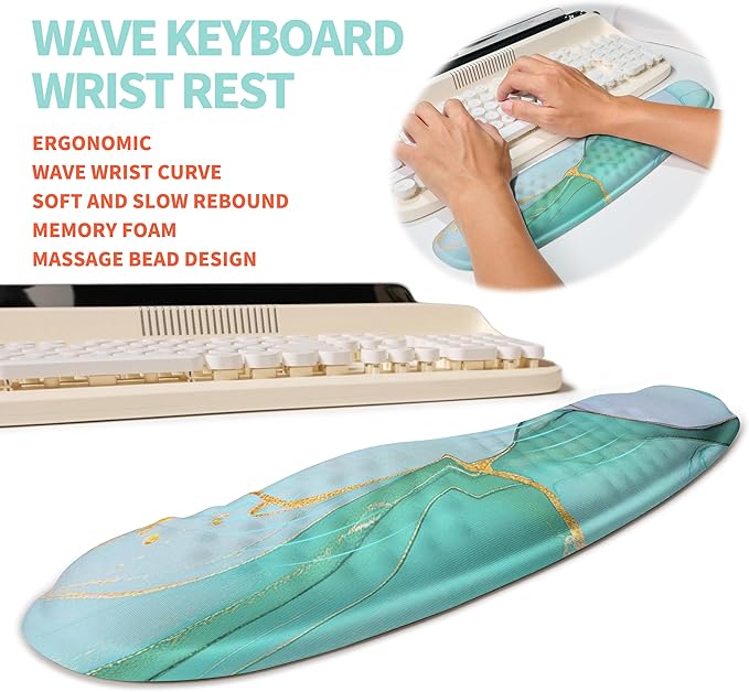 KUOSGM 2-in-1 Ergonomic Set, Wave Rise Keyboard Wrist Rest and Massage Bulge Slope Mouse Pad Wrist Support, Cushion Memory Foam Integrated to Relieve Wrist Pain, Blue Gold Marble