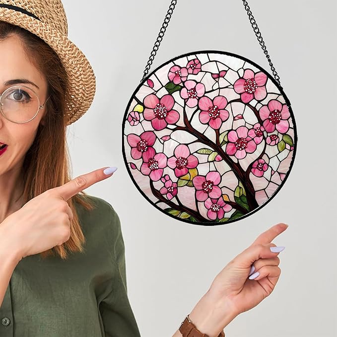 CRISGIF Stained Glass Window Hanging - Cherry Blossoms Birth Flower Suncatcher for Door Garden Patio Sun Catchers Decor Christmas Mother's Day Birthday Gifts for Women Mom Nana Friend Wife 6.3 in