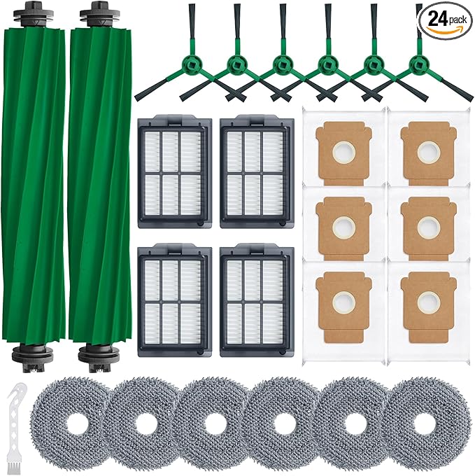 Bluevisk Plus 405 Combo Replacement Parts for Roomba Plus 405 Combo Plus 505/ 507Combo Robot Vacuum Cleaner Parts with 2 Roller Brush, 4 HEAP, 6 Mops, 6 Dust Bags, 6 Side Brushes, 1 Clean Brush