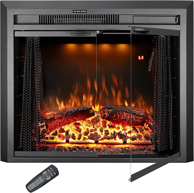 25.4 Inches Electric Fireplace Insert, 750W/1500W Fireplace Heater with Adjustable Flame and Top Light Colors, Fire Crackling Sound, Remote Control, Timer, Glass Door & Mesh Screen, Black