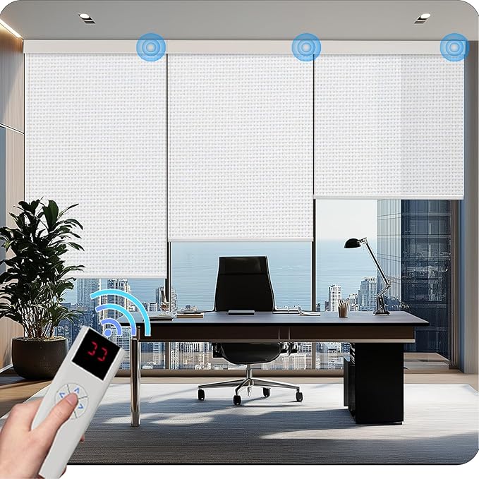 COOLWINDS Motorized Blinds with Remote Cordless Automatic Motorized Shades Custom Blinds for Windows Smart Curtains Compatible with Alexa Google Home(3% Solar White,W37 x H72in)