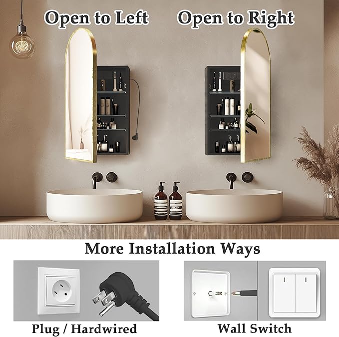 Gold Arched Bathroom Cabinet with Outlet,20 x 34 Inch Arched Medicine Cabinet with Mirror,Bathroom Mirrors for Over Sink with Storage,Surface Mounted Medicine Cabinet with Adjustable Shelf