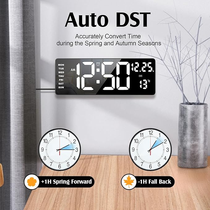 Xflyee 16.5" Digital Clock Large Display with Remote Control, 6-Color Night Light Digital Wall Clock with Dual Alarms, Temperature, Auto DST Large Clock for Living Room, Bedroom, Desk, Mounted, Gift