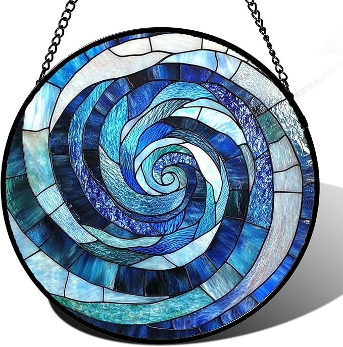 CRISGIF Stained Glass Window Hanging - Blue Abstract Swirl Suncatcher for Doors Garden Patio Unique Sun Catchers Decor Christmas Mother's Day Birthday Gifts for Women Men Mom Nana Friend 11.8 in
