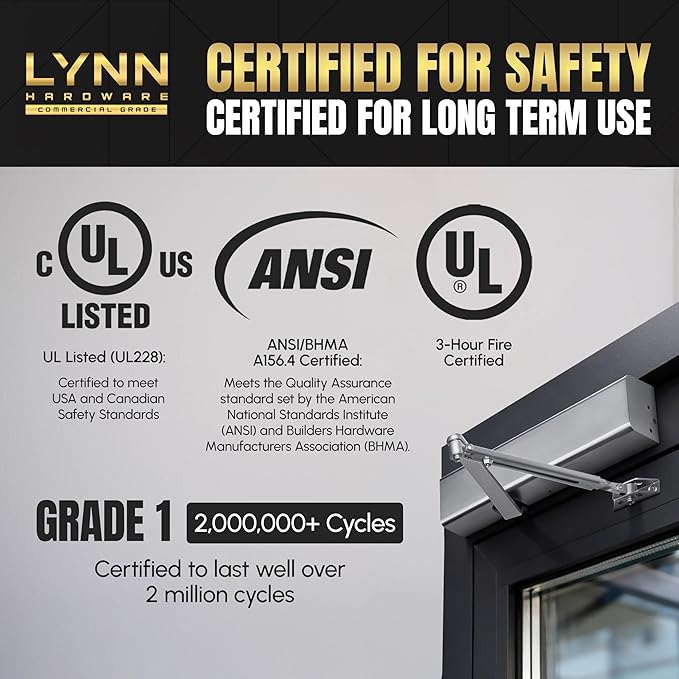 LYNN HARDWARE Heavy Duty Automatic Door Closer (Gold) - Commercial Grade, Contractors Choice, Adjustable Speed & Force, Delayed Closing Timer, 3 Mounting Options, 3 Hour Fire Rated (DC8016 Model)