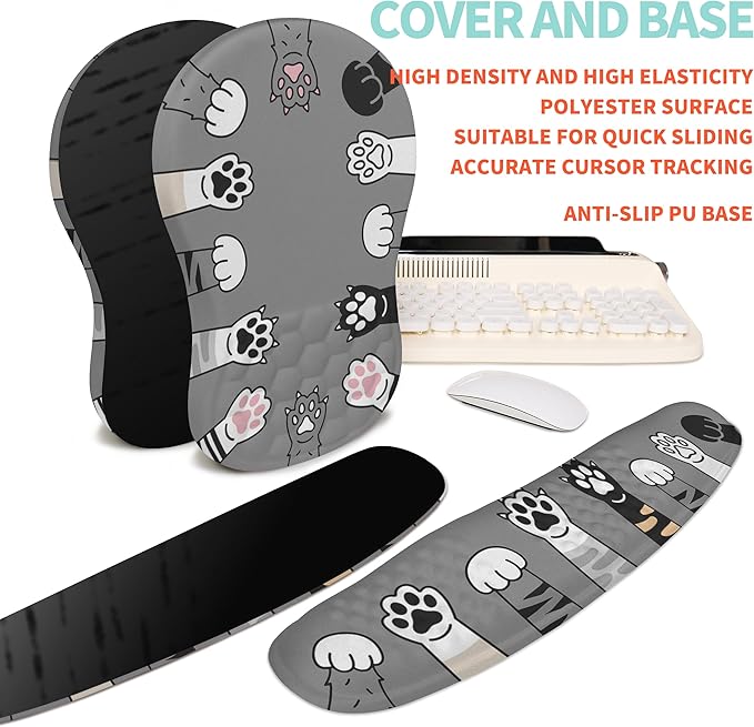 KUOSGM 2-in-1 Ergonomic Set, Wave Rise Keyboard Wrist Rest and Massage Bulge Slope Mouse Pad Wrist Support, Cushion Memory Foam Integrated to Relieve Wrist Pain, Cute Cat Paws
