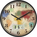Modern Round Retro Digital and Analog Wall Clock Silent Calendar Colorful World Map Vintage Clocks with Date and Temperature Week Quiet Non-ticking Kid Room Office Kitchen Decor for Bedroom 14 Inch
