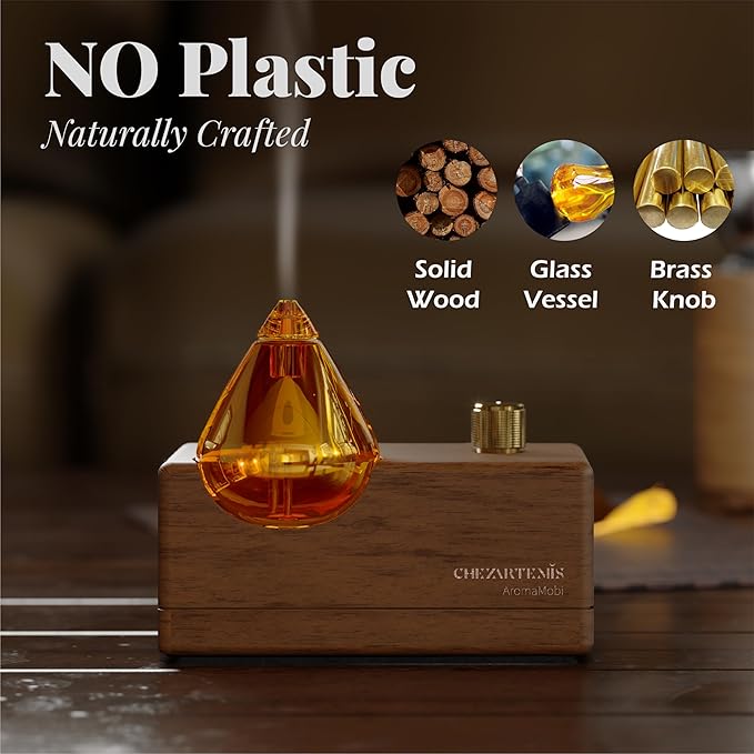 Amber Premium Glass Essential Oil Diffuser with Handmade Wood Base for Aromatherapy, Retro Waterless Scent Diffuser with Cool Mist, Rechargeable & Wireless Oil Nebulizer with LED & Timer, 2026 Model