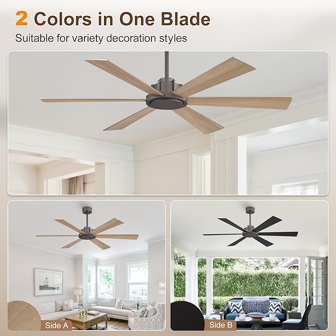 WINGBO 60 Inch Ceiling Fan without Light - 6 Plywood Blades, 6-Speed Reversible DC Motor, Noiseless Remote Control Ceiling Fan No Light for Bedroom Living Room Kitchen, Charcoal Gray and Wood/Black