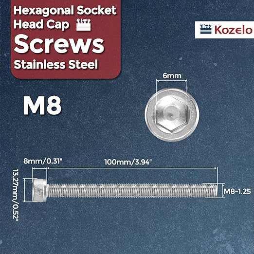 Kozelo 5pcs Socket Head Cap Screws - [M8-1.25 x 100mm] 304 Stainless Steel Allen Socket Drive for Electrical Motor 3D Printing Fan Engine Replacement Use, Silver