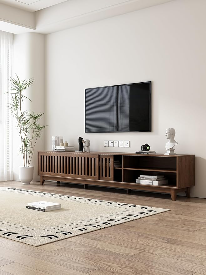 Lumisphere 94.48 Inch Modern Tv StandEntertainment Center with Sliding Doors.Storage Compartments, Living Room Cabinet Walnut