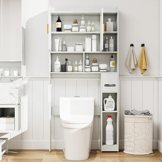 Farmhouse Over The Toilet Storage Cabinet with 2 Doors & 7 Shelves - Rustic Bathroom Cabinet Organizer Storage for Bathroom, Laundry